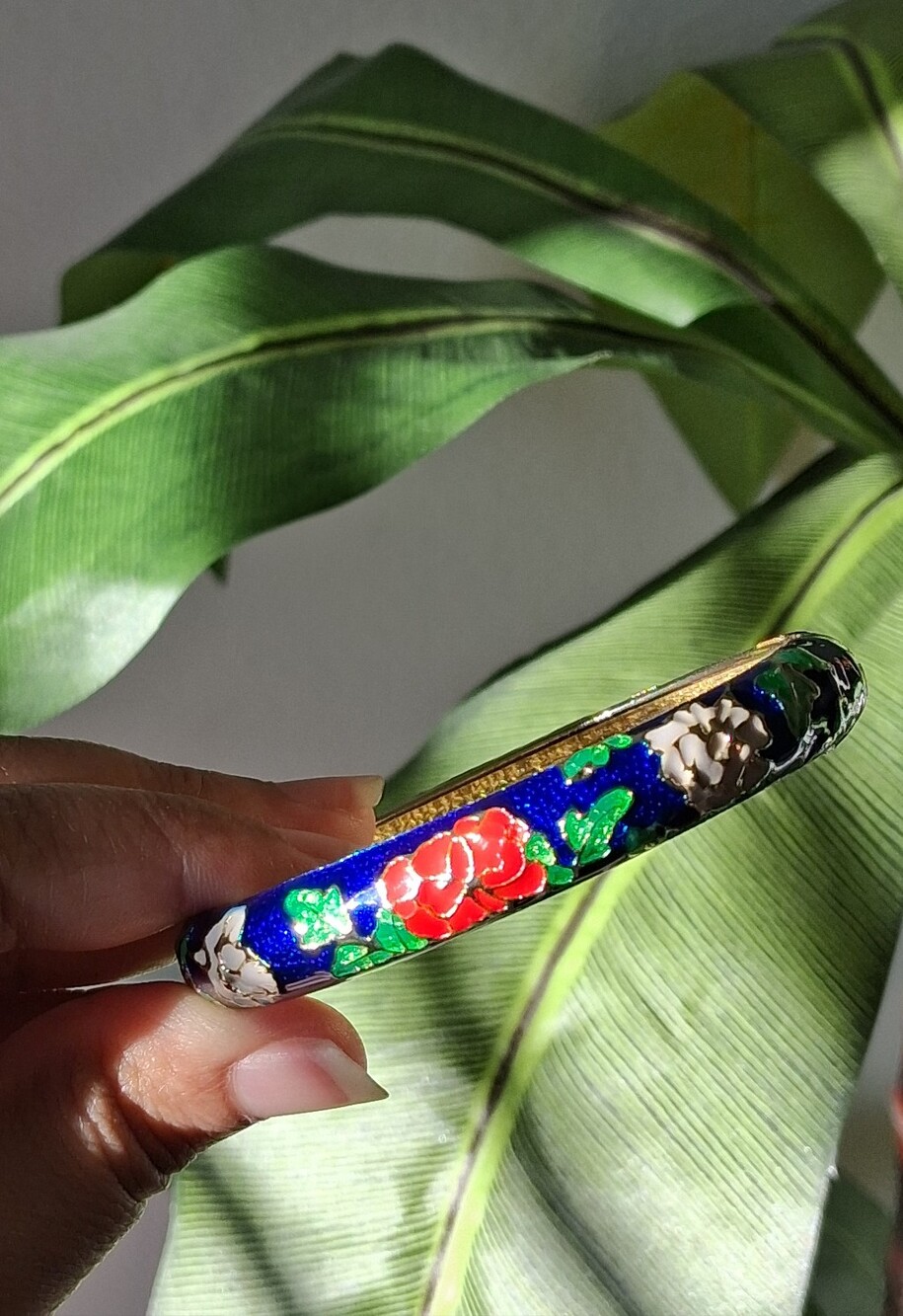 Blue Floral Enamel Gold Bangle Bracelet